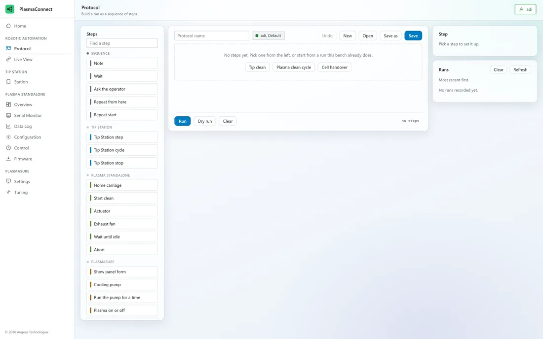 PlasmaConnect protocol builder: build a run as a sequence of steps
