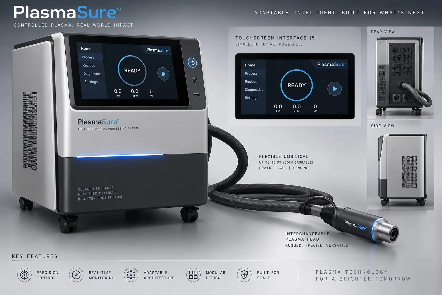 PlasmaBlu cold-plasma processing platform: touchscreen console, flexible umbilical, and interchangeable plasma head